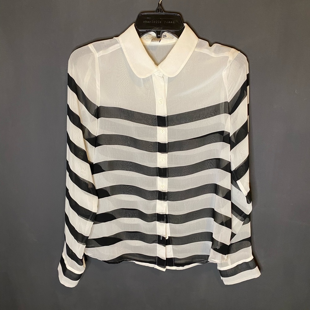 Flowy sheer button up top with black stripes.